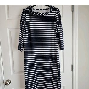 Talbots Dress Womens 3/4 Sleeve Navy White Striped Shift Cowl Neck Nautical L
